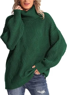 Obrázek produktu pro Dámský svetr s hrubým vzorem a vysokým límcem – měkký, oversized, dlouhý rukáv, zimní svetr, zelený