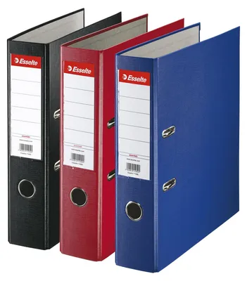 Zdjęcie produktu dla Segregator Esselte, format A4, 3 sztuki, szerokość grzbietu 75 mm, wykonany z tworzywa sztucznego, kolor: czarny, niebieski, czerwony