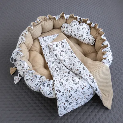 Produktbild von Zweiseitig Babynest ENGELSNEST XXL Blumen BRAUN Baumwolle/ WAFFELPIQUE Taupe Baumwolle + Wolke Kissen + BABYDECKE (Reisebett Nestchen Ausstattung SET)
