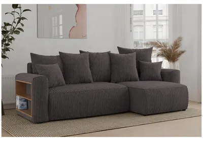 Produktbild von MEBLINI Schlafcouch mit Bettkasten - 238x142x73cm - Grau Cordstoff - Solaria - Kleines Ecksofa mit Schlaffunktion - Sofa mit Relaxfunktion und Kissen - Kleine Couch L-Form - Eckcouch