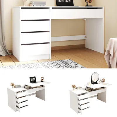 Productafbeelding van Verstelbaar bureau, 120x50x78-92 cm, met 4 lades, geschikt als make-up tafel of computerbureau (wit)