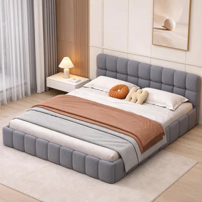 Obrázok produktu pre INONEFT čalúnená posteľ 140 x 200 cm, dvojlôžko s opierkou a čalúneným okrajom, posteľ "Bubble" s roštom, tkanina z ľanu, sivá farba