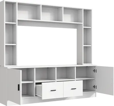 Produktbild von MODFU Wohnzimmermöbel-Set Wohnwand-TV-Möbelset mit 2 Schränken, 2 Schubladen, 11 Staufächern,Anbauwand Wohnzimmerwand mit Offenen Fächern und Regal,Weiß