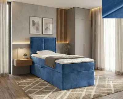 Produktbild von NORDELO Boxspringbett MODERNO 100x200 cm NEW VELO Velvet Blau Komplett-Set gepolstertes Einzelbett mit Stauraum, Matratze und 4 cm Visco-Topper, Bonellfederkernmatratze, T30-Schaum
