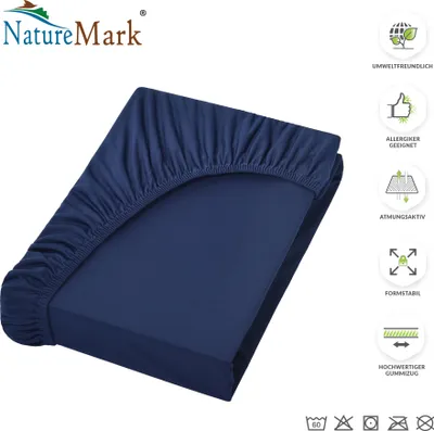 A navy blue fitted sheet is folded and displayed against a white background, with various product feature icons and text on the right side.