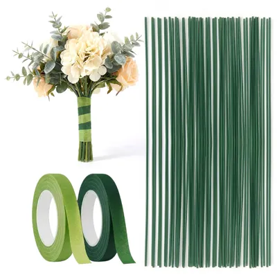 200 Kunstblumenstiele 30 cm grün mit 2 Rollen Blumenband