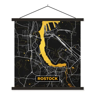 Produktbild von MuchoWow® Textilposter Rostock - Stadtplan - Gold - Karte - Deutschland 60x60 cm mit schwarzem Rahmen - Posteraufhänger