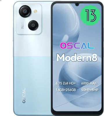 Zdjęcie produktu dla OSCAL MODERN 8 smartfon bez umowy 6,75 cala, 16 GB(8+8)+256 GB Android, aparat 50 MP, bateria 6000 mAh, 4G Dual SIM, odcisk palca, niebieski