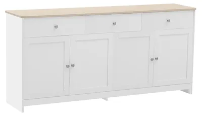 Image de Armoire de cuisine et de salon - Buffet avec 3 tiroirs - Compartiments ouverts - Étagère réglable - Bois MDF - Blanc