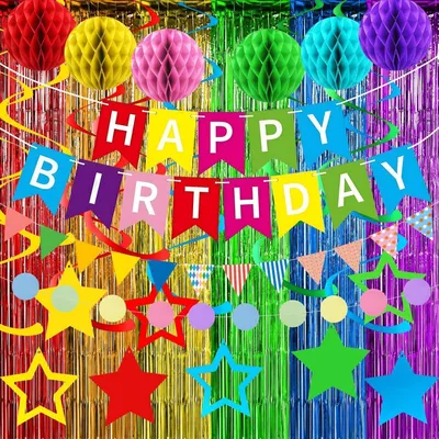 Produktbild von Geburtstagsdeko Set Bunt, Regenbogen Happy Birthday Girlande mit Lamettavorhang