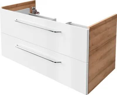 Produktbild von Fackelmann Waschtisch-Unterschrank MILANO, hängend, Braun hell/Weiß, feuchtraumoptimierte Holznachbildung, 100 x 49.5 x 48 cm, Soft-Close-System