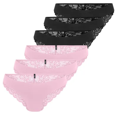 Produktbild von ONLY Damen Brazil-Slips, 6er Pack - ONLCHLOE LACE BRAZIL, Spitze Schwarz/Rosa M
