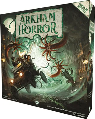 The image shows the box of the board game Arkham Horror 3rd Edition, with a dark, atmospheric illustration of tentacles and people in a car.