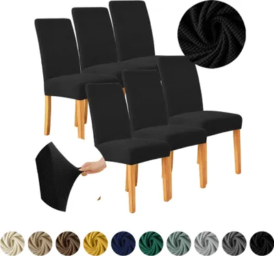 Produktbild von MEBLE ODNOWA, Stuhlhusse, Stuhlbezug, Standardgröße, Jacquard, Schwarz, 6er Set, Karostruktur, elastisch, Stuhlbezüge, Stuhlhussen, maschinenwaschbar