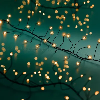 A close-up shot of a string of warm white LED lights on a black wire against a teal background.