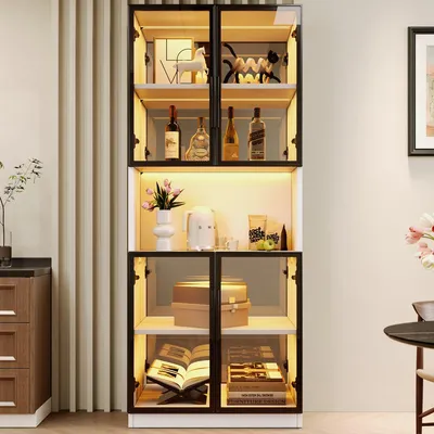 Produktbild von Glasvitrine 70 x 30 x 170 cm mit LED-Beleuchtung und Spiegelrückwand, Vitrinenschrank, Weiß