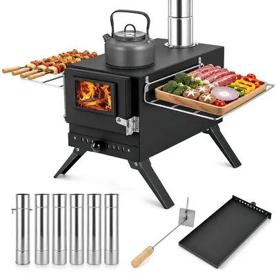 Image de Four de camping portable - Four polycombustible - Pliable - Avec conduit de fumée - Pour le chauffage et la cuisson - En métal - Noir