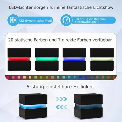 Obrázek produktu pro Noční stolek s LED osvětlením – černá barva, lesklý povrch – 2 zásuvky – moderní design