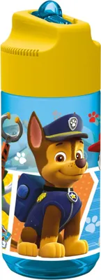 Produktbild von P:os 28230 - Trinkflasche für Kinder, ca. 450 ml, transprentes Design mit Paw Patrol Motiv und integriertem Strohhalm zum Hochklappen, aus Kunststoff, bpa- und