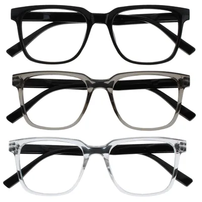 Produktbild von OPULIZE LEO Lesebrille - 3er-Pack - Großes Rechteckiges Gestell - Schwarz, Grau, Klar - Herren Damen - Federscharniere - RRR55-17C - +1.50