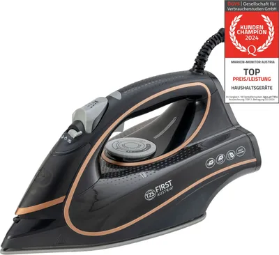 A black and copper steam iron is shown from a three-quarter angle against a white background. A red and white award badge is visible in the upper right corner.