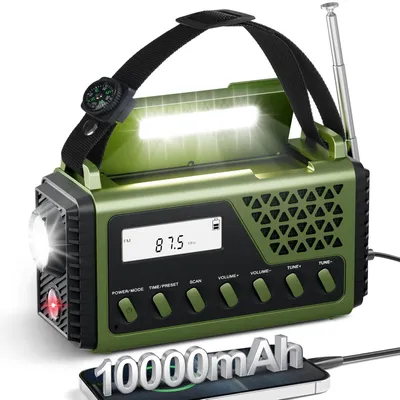 Produktbild von Solar Kurbelradio mit Bluetooth, AM/FM/SW Notfallradio mit 10000mAh USB Powerbank, Radio Batteriebetrieben mit SOS Alarm Kompass LED-Taschenlampe