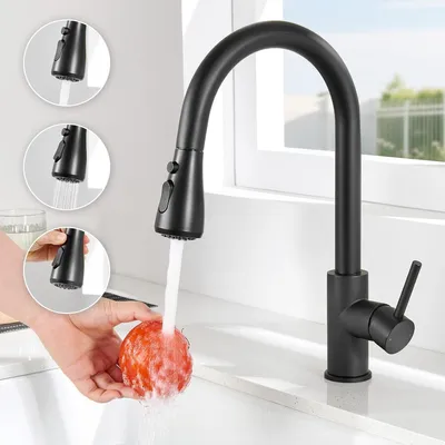 Imagen del producto de Grifo de cocina extensible, color negro, acero inoxidable 304, 2 tipos de chorro, giratorio 360°, alta presión, con ducha