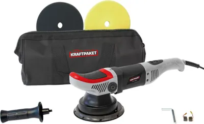 Produktbild von 8mm-710W Dino KRAFTPAKET Exzenter Poliermaschine mit ZWANGSROTATION Stufenlos im Set mit 125mm Stützteller, Pads und Tasche für Auto KFZ Boot
