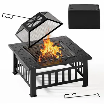 Obrázok produktu pre Krbový ohnisko štvorcového tvaru – vonkajší krb – gril – vonkajšia pec – krb na záhradu – kov – kryt proti striekaniu – 81x81x35 cm