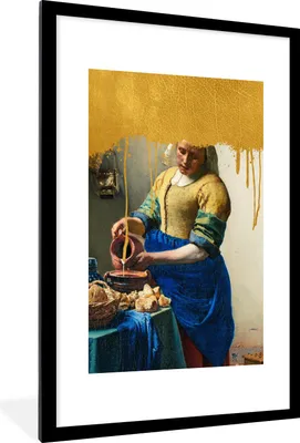 Produktbild von MuchoWow® Gerahmtes Poster Milchmädchen - Gold - Vermeer 60x90 cm - Poster mit Schwarzem Bilderrahmen Wandposter Rahmen Foto Bilder - Dekoration - Wandposter Wohnzimmer - Hochwertig