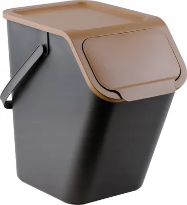 A dark gray kitchen bin with a brown lid and handle, shown from a slight angle.