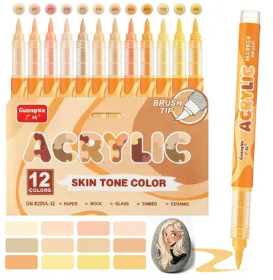 Image de Jeu de 12 crayons acryliques, tons chair, résistants à l'eau, pointe pinceau flexible de 1 à 6 mm, pour céramique, verre, bois