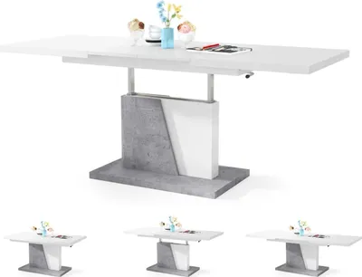 A white and concrete extendable dining table with decorative items on top, shown from a slightly elevated angle. Below the main table are three smaller images of the same table in different configurations.