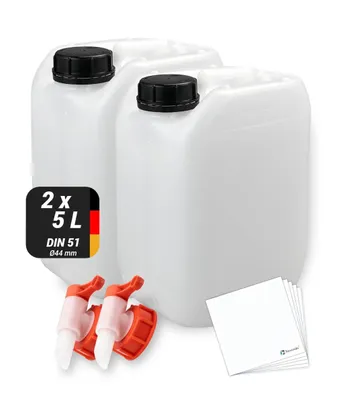 Produktbild von Wasserkanister Wasserkanne Trinkwasserkanister - 5 Liter - 2 Stück - Mit Auslaufhahn - Lebensmittelecht und BPA-frei