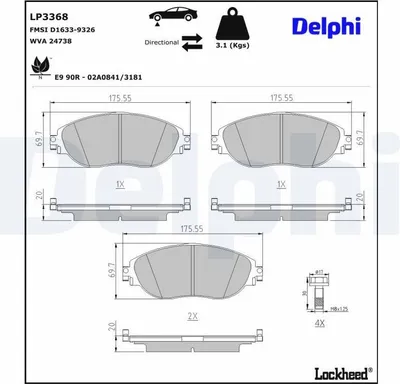Produktbild von DELPHI LP3368 Bremsbeläge Satz Vorne Bremsklötze für VW Passat Variant (3G5, CB5) Golf VIII Schrägheck (CD1) GOLF VIII Variant (CG5) Tiguan Allspace