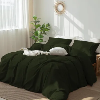 Zdjęcie produktu dla Komplet pościeli 155x220 cm, 3-częściowy, bawełna, kolor oliwkowy, zawiera: jeden prześcieradło i dwie poszewki na poduszki 80x80 cm