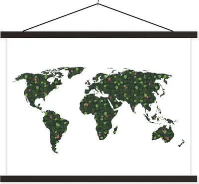 Produktbild von MuchoWow® Textilposter Weltkarte - Grün - Blätter 150x113 cm mit schwarzem Rahmen - Wohnzimmer