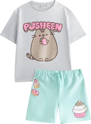 Productafbeelding van Pusheen - "Sweet Bubble" T-shirt en shortset voor meisjes, model NS9023 (maat 158-164) (grijs, effen kleur)