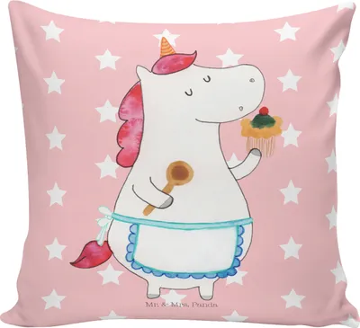 Produktbild von Mr. & Mrs. Panda 40x40 kissen Einhorn Küche - Rot Pastell - Geschenk, Polster, Torte, Sofakissen, Deko, Einhörner, Kuschel, Muffin, Motivation, Unicorn, Kuchen