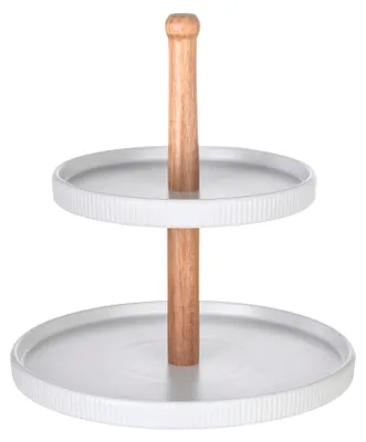 Produktbild von SCHÖNER WOHNEN-Kollektion Etagere Mod. REFIA stilvolles Küchenaccessoire aus Keramik und Akazienholz für Esszimmer Deko Ø 24 cm x 25 cm in Weiß und Naturfarben