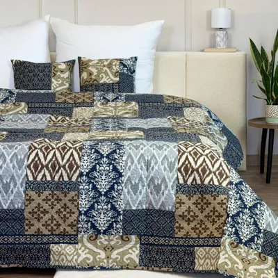 Produktbild von Tagesdecke Zweiseitige Bettüberwurf Allzweckdecke Steppdecke Patchwork Dunkelblau Beige Braun (TAVIRA SY-6750) 180x220+ 2x40x40