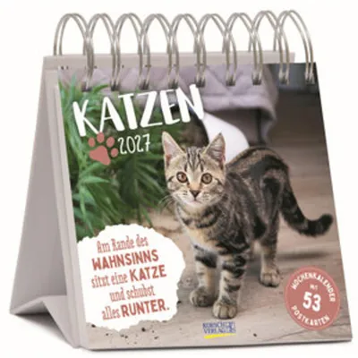 Produktbild von Katzen Wochenkalender 2027, aufstellbar, mit 53 Postkarten und 53 Sprüchen, 17 x 16 cm