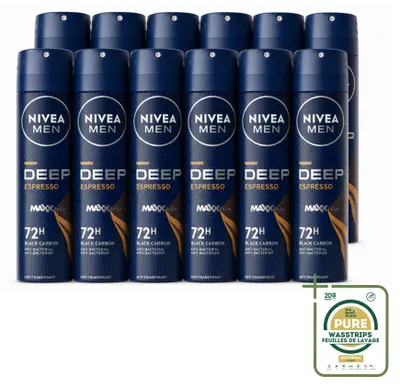 Imagen del producto de 12 unidades de desodorante en spray NIVEA MEN, aroma Deep Espresso, 150 ml, pack ahorro