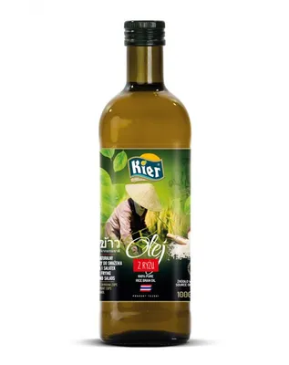A bottle of rice oil with a label showing a farmer in a rice field.