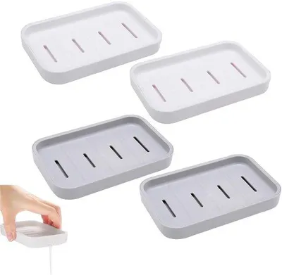 Produktbild von Unyqoos® Set mit 4 rutschfesten Seifenablagen mit Doppelabfluss – kompakt, trockenhaltend für Bad & Reise, Grau/Weiß