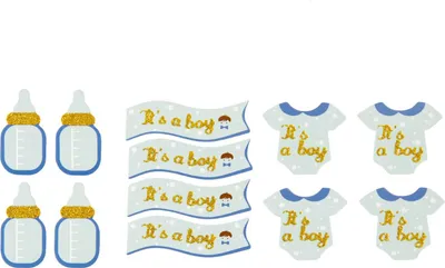 Produktbild von Oblique Unique 12x Konfetti - Fläschchen + Banner + Body Tischdeko Baby Shower Babyparty Junge - blau