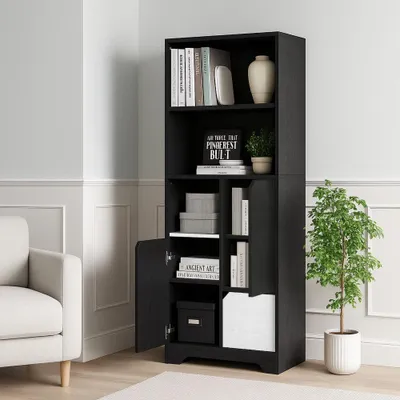 Image de Bibliothèque avec étagères ouvertes et portes - meuble polyvalent noir et blanc