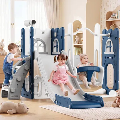 Produktbild von Rutsche Outdoor 7-in-1 Kleinkind Rutsche Schaukel Klettergerüst Spielplatz Mit Rutsche, Schaukel, Klettergerüst, Basketballkorb, Teleskop