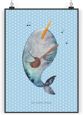 Produktbild von Mr. & Mrs. Panda Bild Narwal Gitarre DIN A3 - Blau Pastell - Geschenk, wanddeko, Wandbild, Kunstdruck, Tanzen, Gespräche, Wal, Wanddekoration, Probleme, Meer, drucke