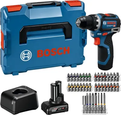 A Bosch cordless drill set with its case, battery, charger, and various drill bits, displayed against a white background.